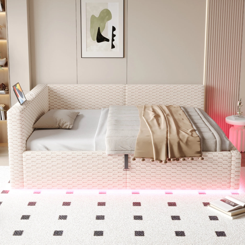 Letto imbottito 140x200 cm beige con LED, USB e Type-C