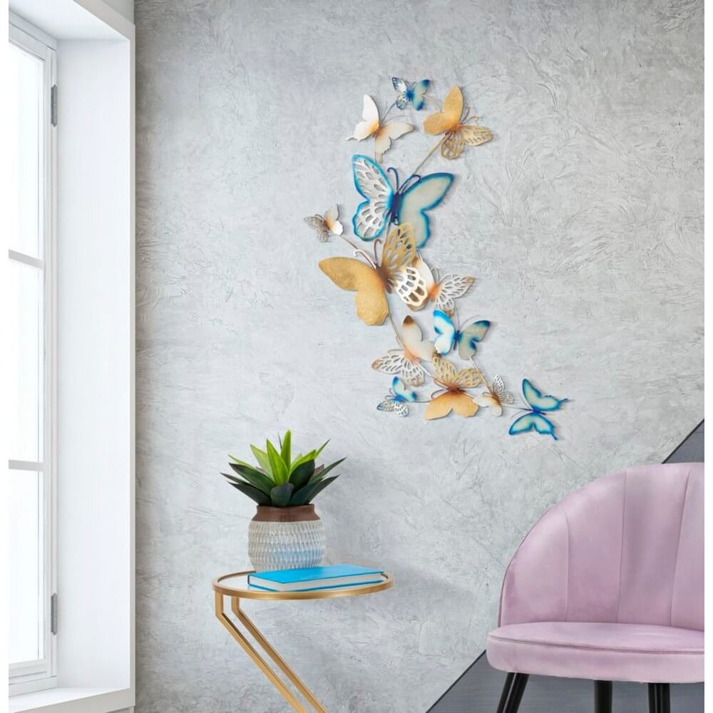 Decorazione Parete Muro Farfalle Orocm 59,5X4X111,5 - BUTTERFLIES ORO/CELESTE