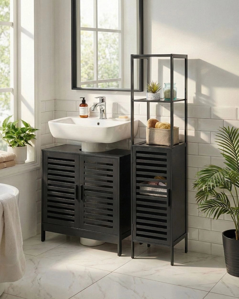 Armadietto da bagno minimalista in bambù con ripiani e porta nero stile Minimalista
