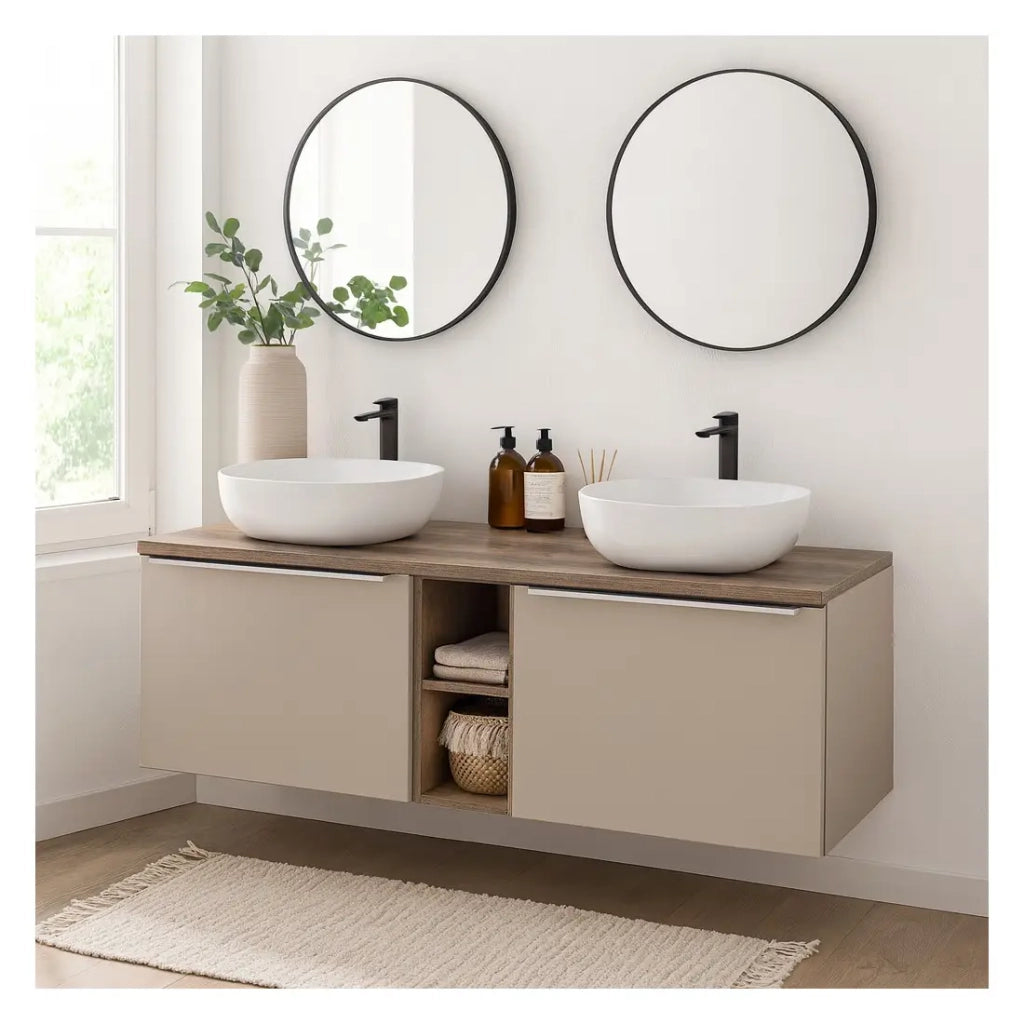 Set VANTA color taupe: mobile sottolavabo 140cm + piano lavabo + 2 lavabi da appoggio