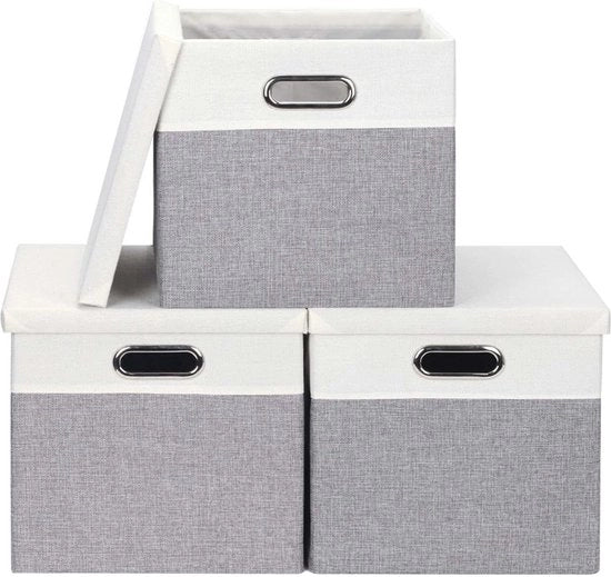 Set di archiviazione con coperchi - Scatole di archiviazione per pannelli unitari - Contenitore di stoffa pieghevole - Organizzatore di scatole per giocattoli - Grigio chiaro e bianco - 33 x 33 x 33 cm - Set da 3