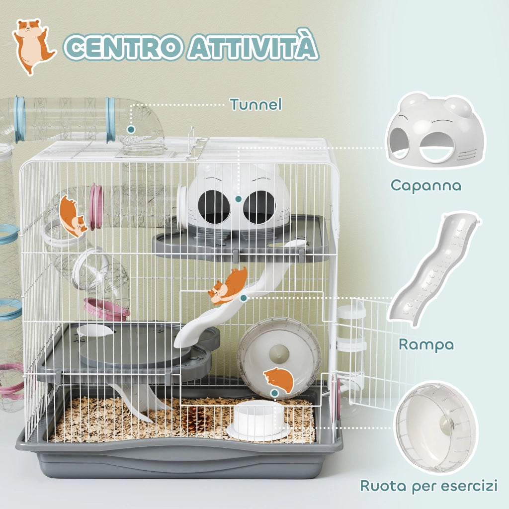 Gabbia per Criceti a 3 Livelli 45x30x45 cm e 14 Tubi con Casetta Rampa e Accessori in Metallo e Plastica Grigio