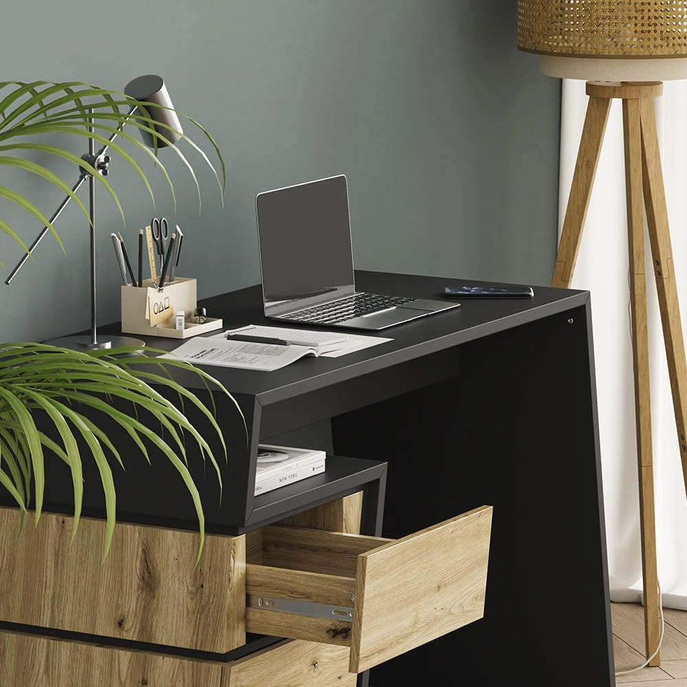Scrivania Okaro, Antracite/quercia, 105 x 50 cm con 3 cassetti, adatto come postazione di lavoro per home office o camera dei ragazzi