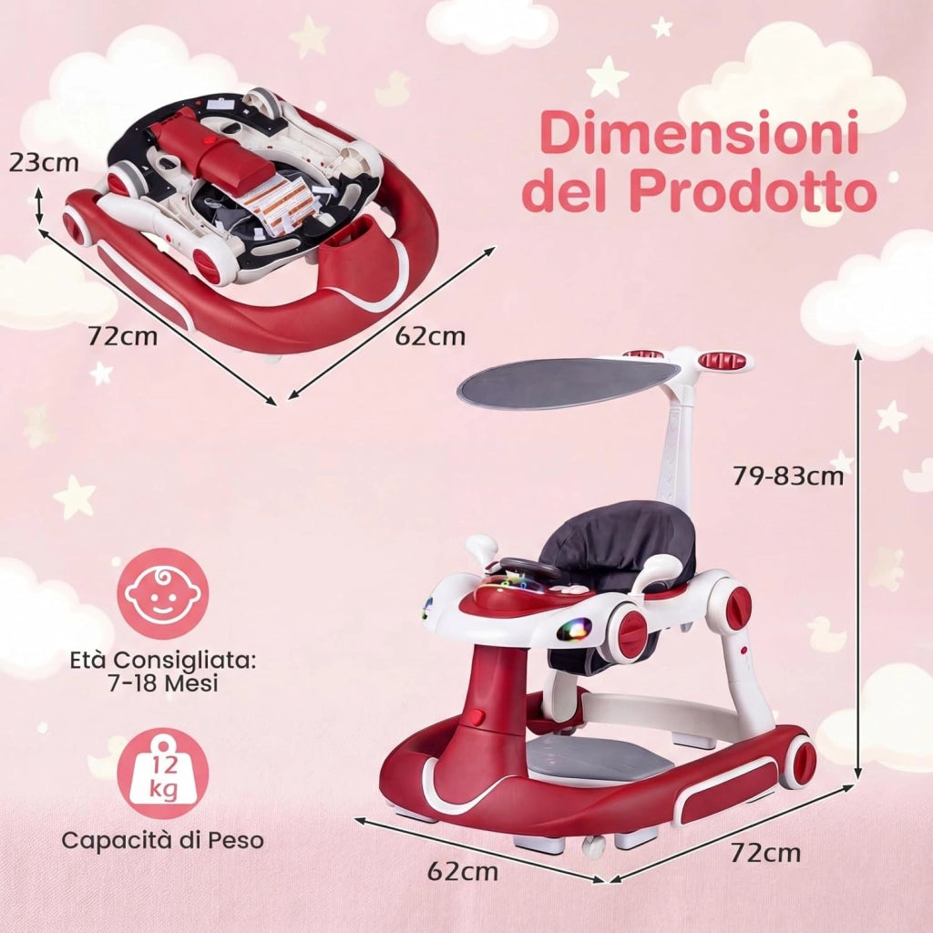 Girello per Bambini 6-in-1 Evolutivo, Centro Attività Pieghevole con Maniglia, Regolazione Altezza/Velocità, con Musica, Luci Tenda, per Neonati 6-18 Mesi (Rosso+Bianco)