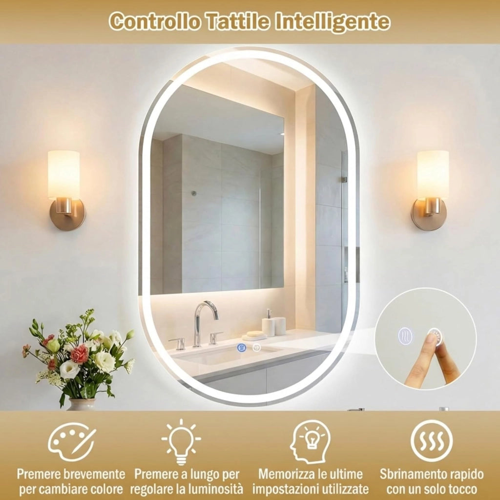 Specchio Bagno con Luce 90 x 55 cm, Specchio Ovale da Parete in Vetro Temperato IP44 con 3 Colori Dimmerabile, Antiappannamento, Memoria, Orizzontale/Verticale (90 x 55 cm, Modello 2)