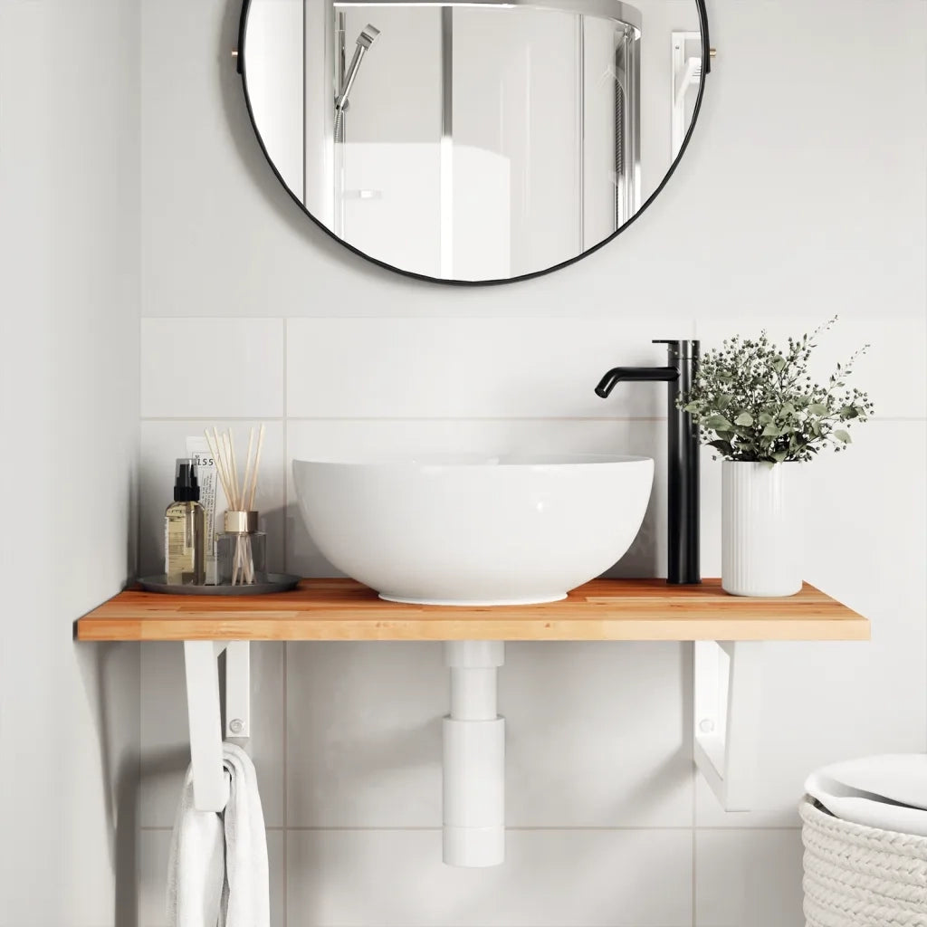 Ripiano a Parete per Lavabo in Acciaio e Massello di Acacia 3302834