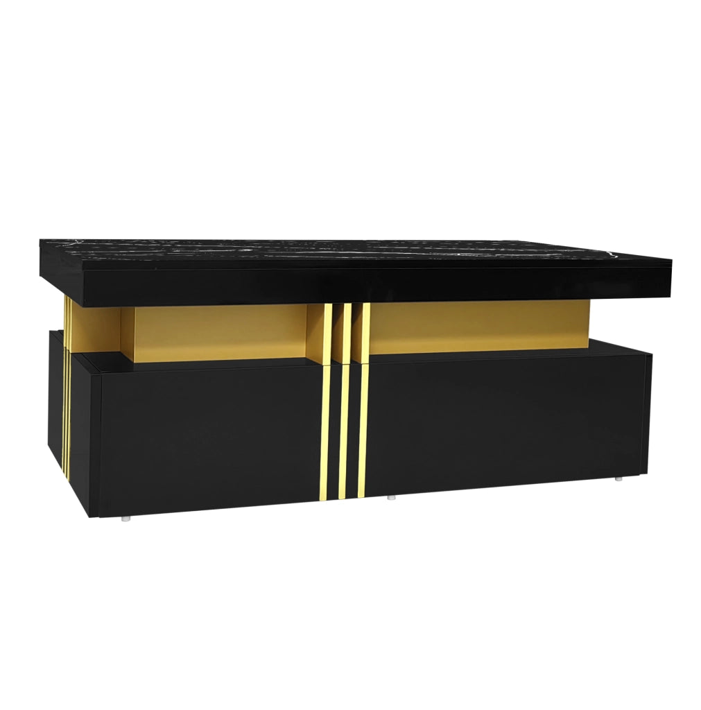 Tavolino da salotto moderno rettangolare 100x50x40 cm in truciolare nero; piano effetto marmo e 2 cassetti