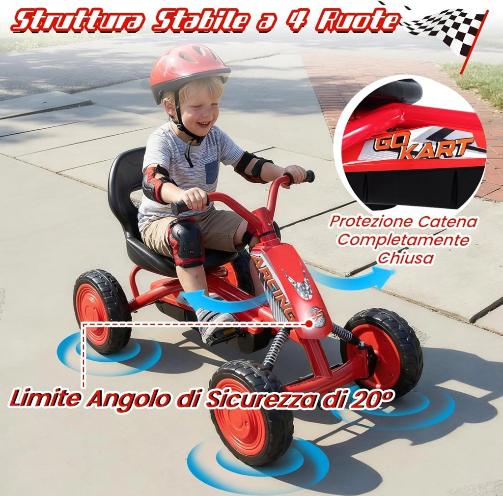Go Kart a Pedali per Bambini, Veicolo a Pedali con Sedile Regolabile, 4 Ruote Resistenti, Macchina Elettrica per Bambini 3-8 Anni, Portata 30 kg (Rosso)