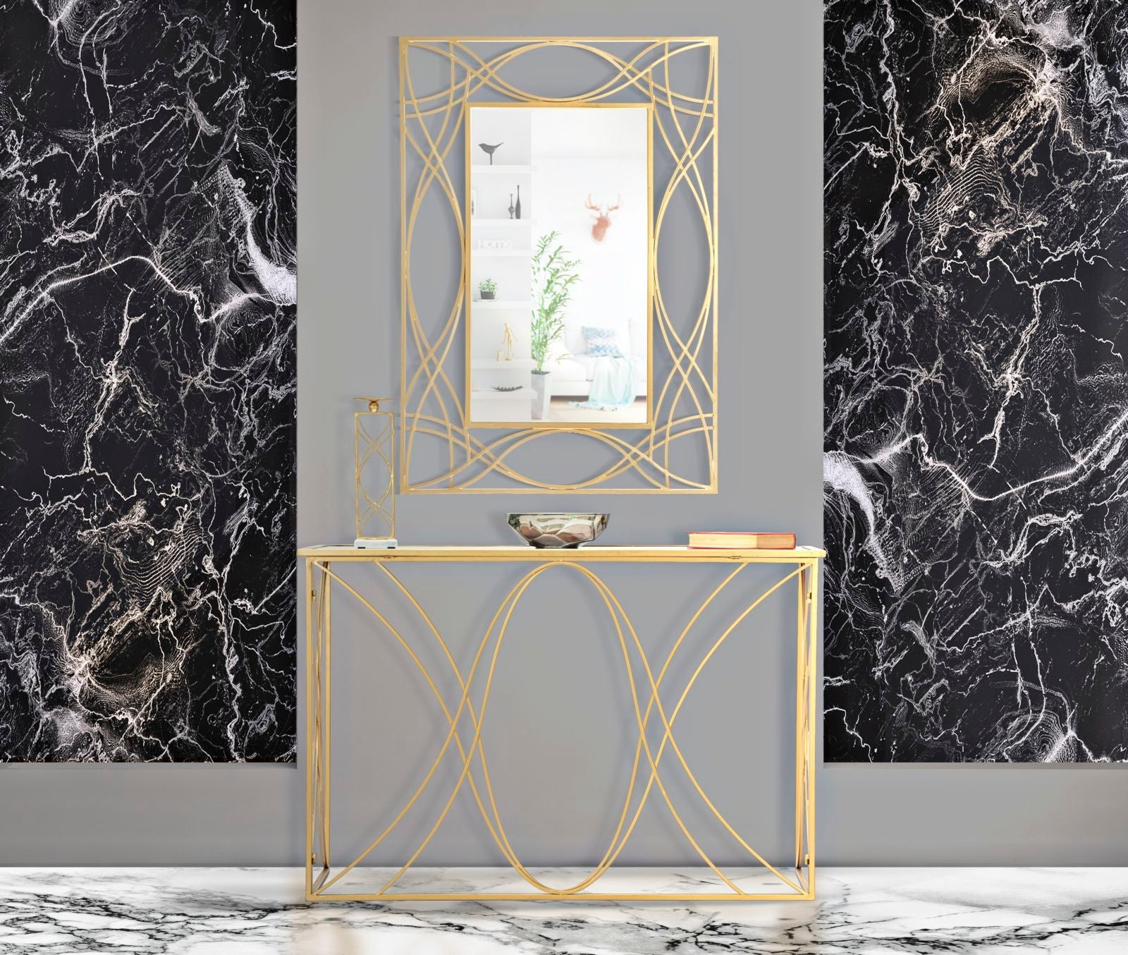 Console Exy 120x40x80 cm in Ferro e Specchio Oro e Argento