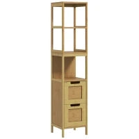 kleankin Mobile Colonna da Bagno con 3 Ripiani 2 Cassetti, 30L x 30l x 144H cm, Bambù