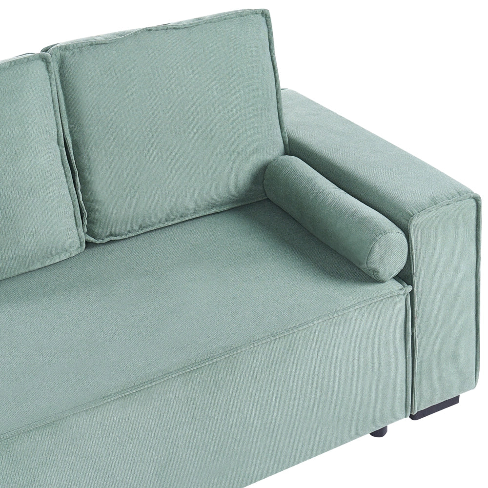 Divano letto angolare a 3 posti con rivestimento in tessuto verde chiaro, lato destro, con braccioli contenitore reversibili, stile moderno per soggiorno