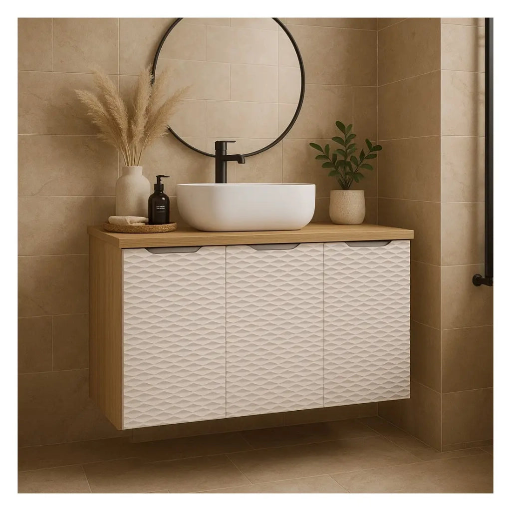Set da bagno YOKA beige: Mobile sotto lavabo 90 cm + piano per lavabo + lavabo