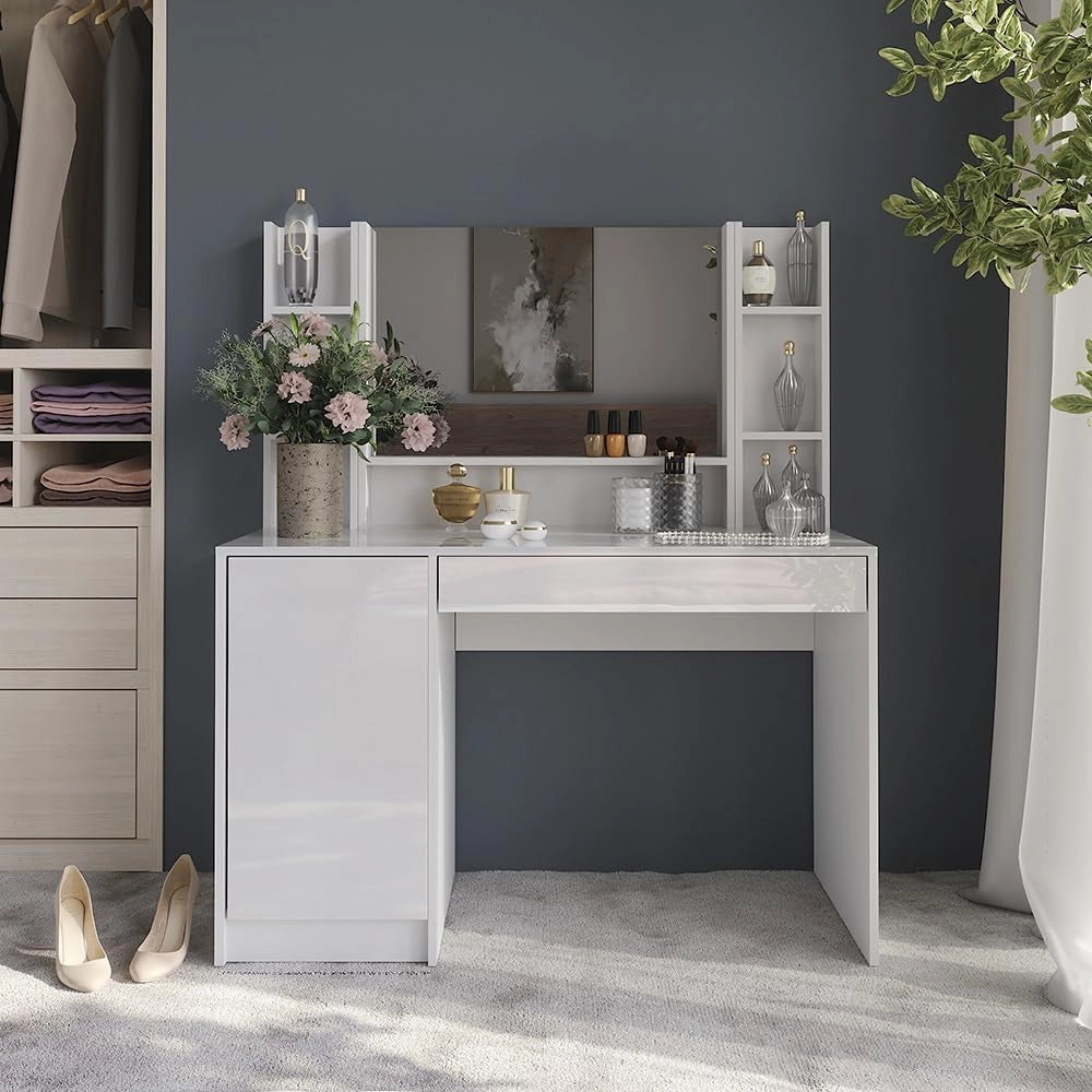 Tavolo da toeletta Sherry, Bianco/bianco lucido, 119.8 cm 4 parti