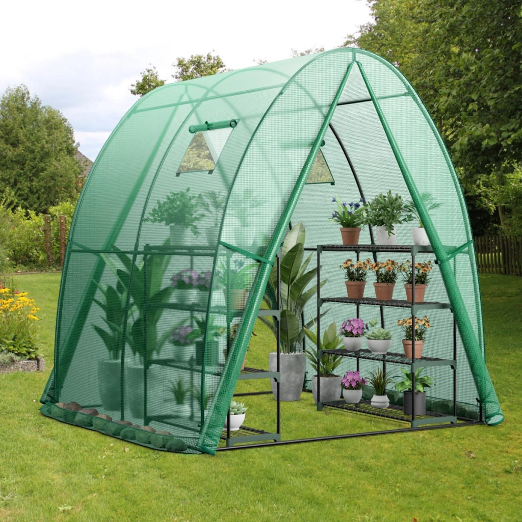 Serra portatile da esterno con 2 porte con zip 2 finestre copertura in PE impermeabile, Serra a tunnel Verde-Serre da giardino