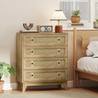 Cassettiera con 4 Cassetti e Inserti in Rattan Stile Boho, 80x35x95 cm, Legno Naturale