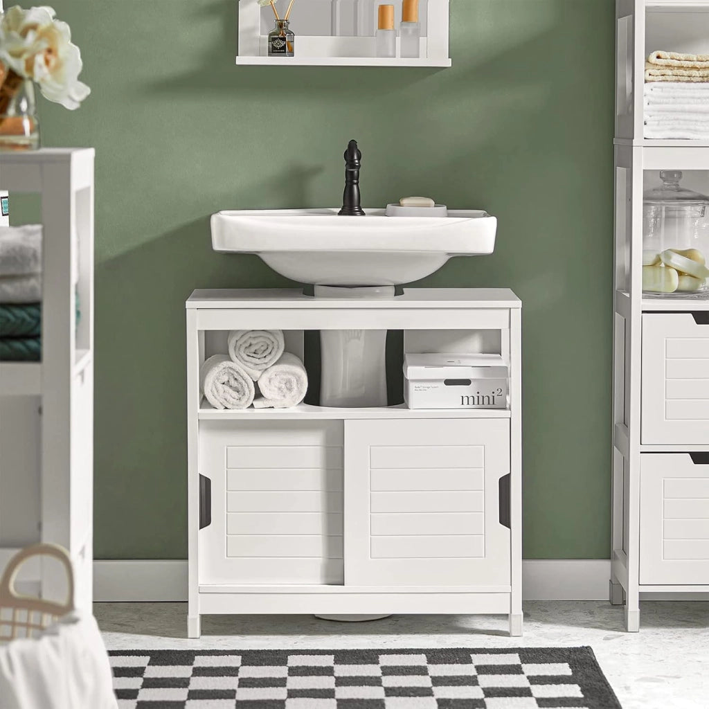 Mobiletto Bagno Salvaspazio - Armadio Salvaspazio 2 Ante Scorrevoli e Ripiano Aperto - Mobile Sottolavabo per Bagno Moderno Piccolo – Bianco, 60x30x60cm, FRG128-II-W
