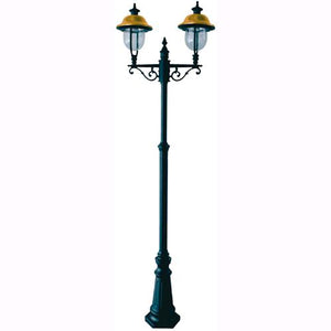 Lampione Da Giardino Mod. Verona Nero 2 Luci Copertura Ramata Su Palo H.242cm.