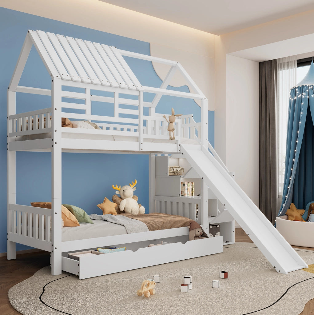 Letto a castello a casetta con scala contenitore e scivolo 90x200 cm; legno massello e MDF; bianco