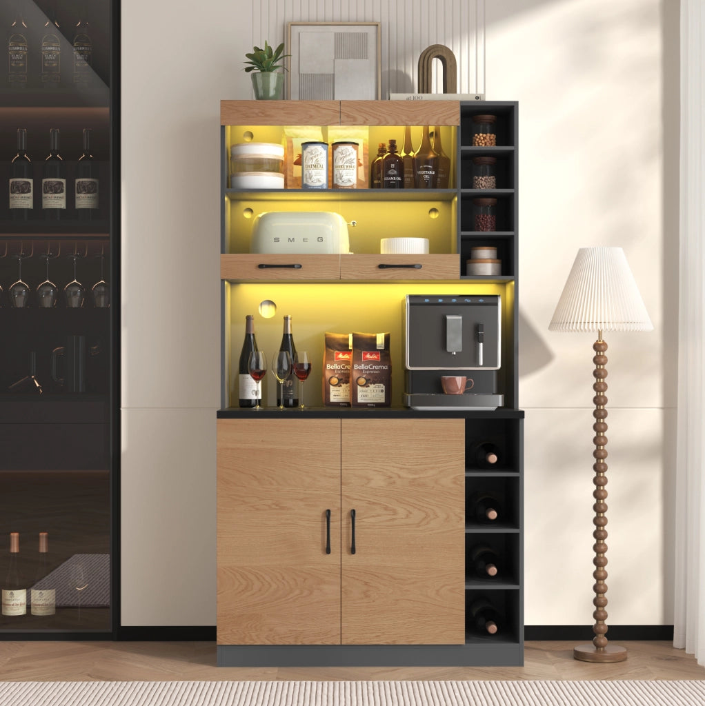 Credenza cucina 100x47x187 cm con LED e ripiani regolabili in MDF e vetro naturale e grigio