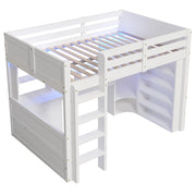 Letto a soppalco matrimoniale 140×200 cm con LED; armadio; scrivania; cassetti e vani; senza materasso; bianco