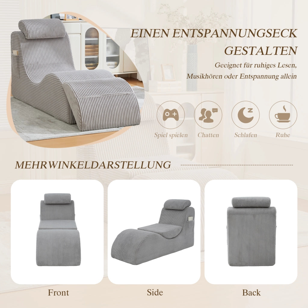 Poltrona ergonomica a compressione rapida con cuscino removibile e tasca laterale in tessuto a coste grigio chiaro