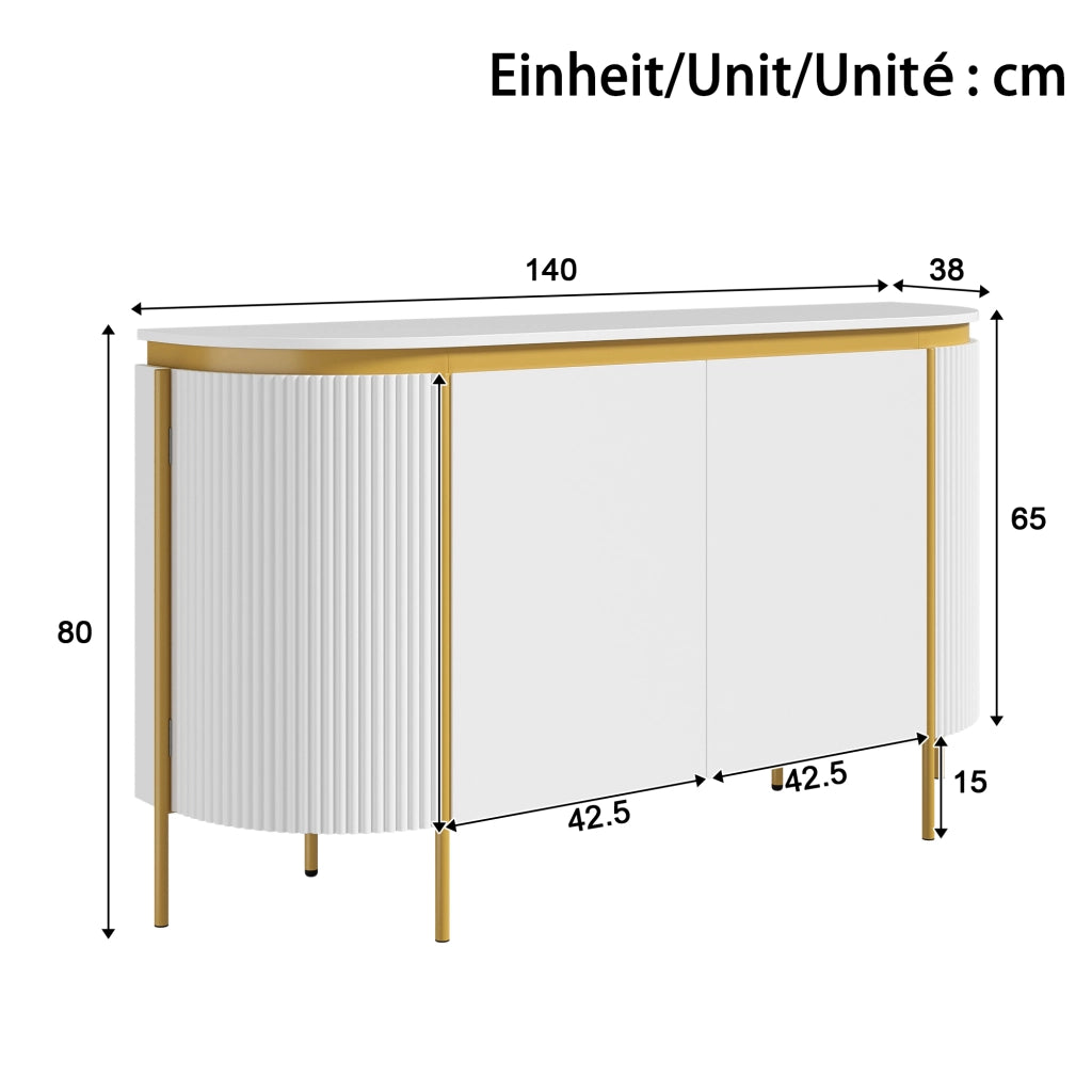 Credenza da 4 ante, mobile da ingresso, in MDF, con gambe in metallo, angoli arrotondati, colore bianco