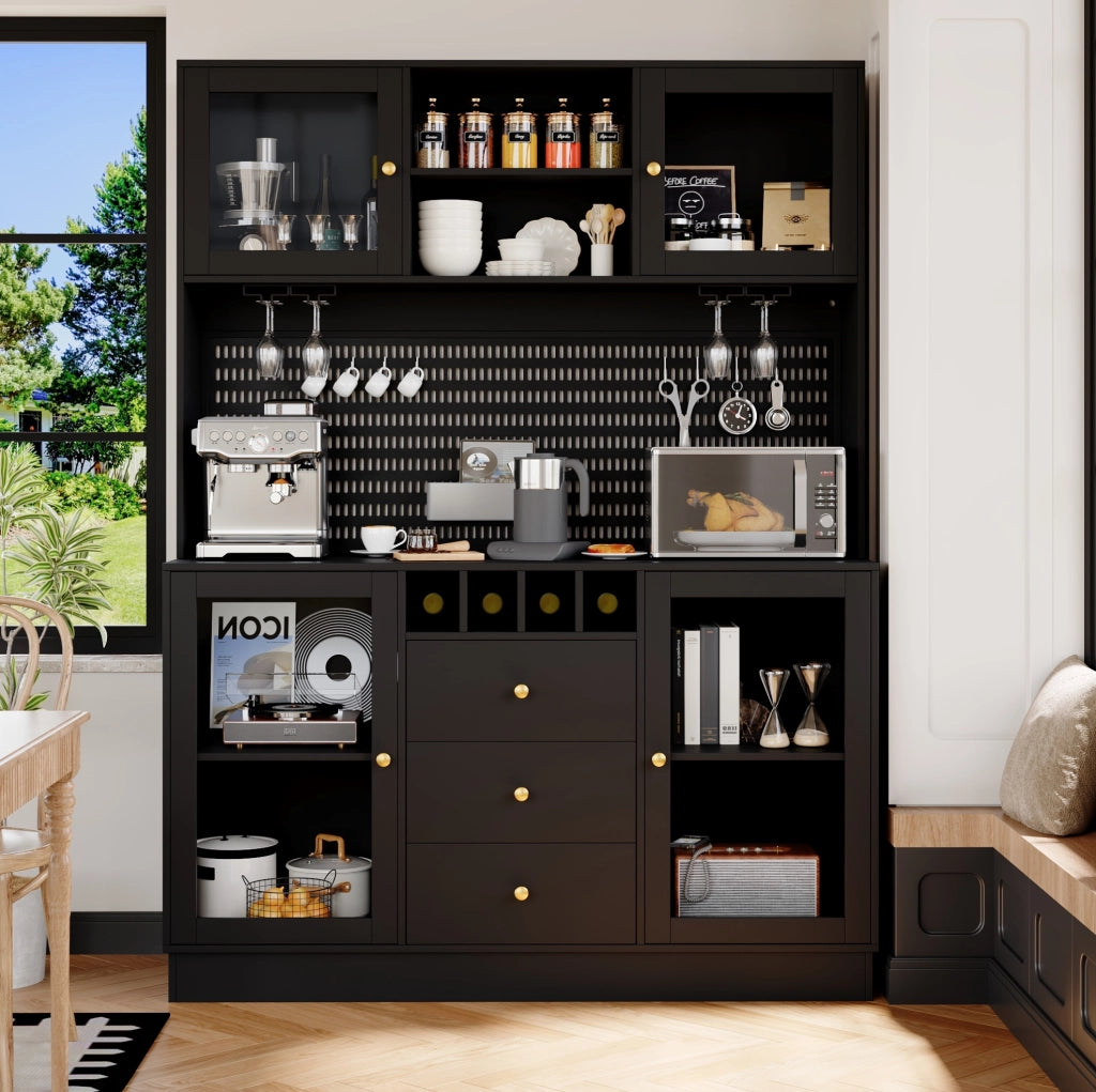 Colonna cucina con LED smart, portabottiglie e vetro, nera