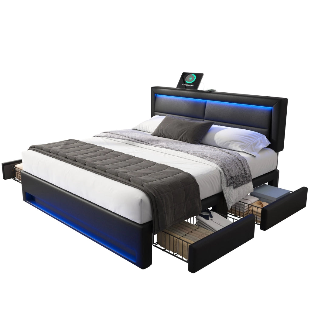 Letto imbottito 140 x 200 cm con USB, illuminazione LED e 4 cassetti, PU nero, senza materasso