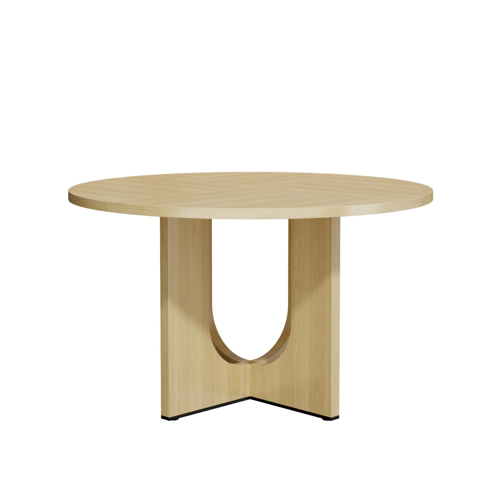 Tavolo da pranzo rotondo 120x120x75 cm per 4-6 persone; stile scandinavo minimalista; MDF effetto rovere