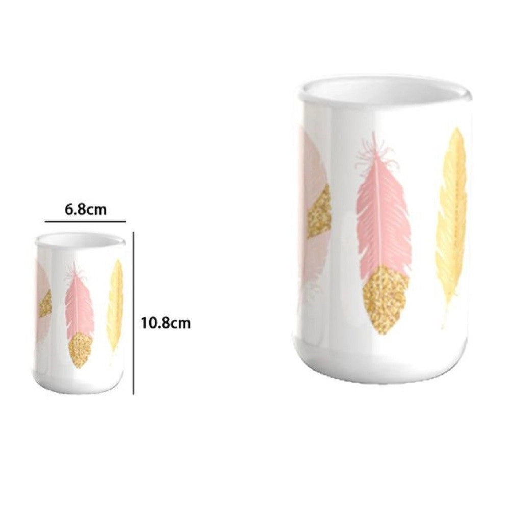Trade Shop - Bicchiere Portaspazzolino Piume Bianco Accessori Arredo Bagno 6.8x10.8cm 69794 -