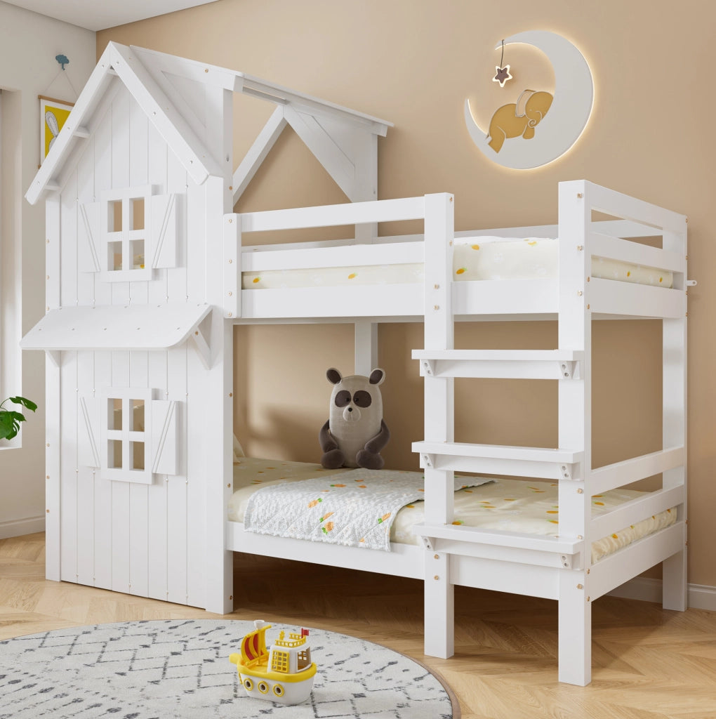Letto a castello per bambini 90x200 cm con finestre, tetto e scala