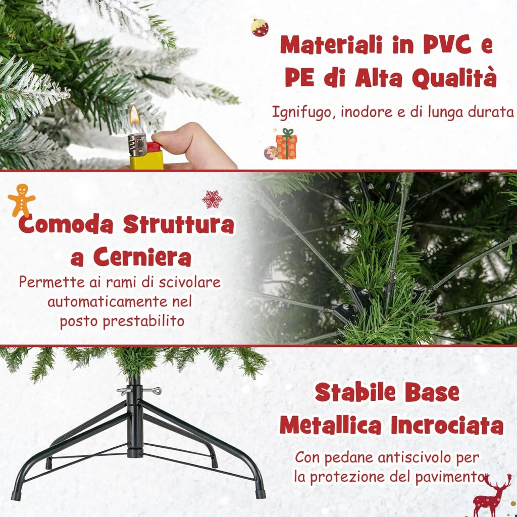 Albero di Natale Slim Pre-Luminoso 190/225 CM, Albero di Natale Artificiale Innevato con 280/350 Luci LED Bianche Calde, Rami Articolati e 671/913 Punte e 60/75 Pigne (190 CM)