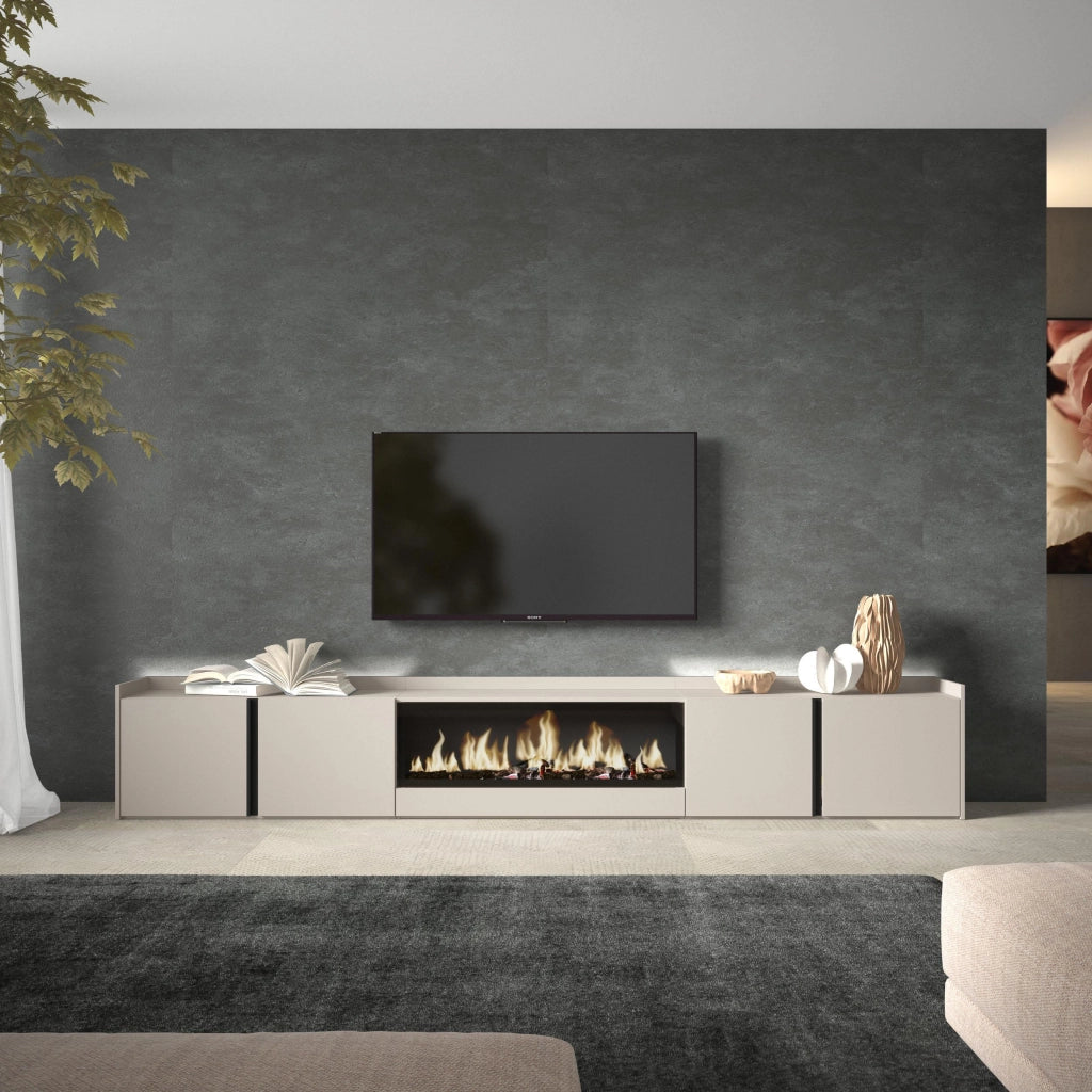 Mobile TV Soggiorno, 315x50x35 cm, Per TV fino a 80", Camino elettrico XXL, LED, Beige