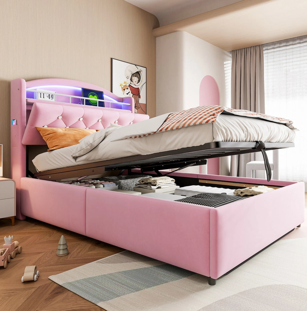 Letto imbottito 90x200 cm; contenitore con LED e USB; tessuto; rosa