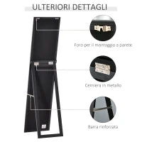 Specchio da Terra e Parete con Supporto Richiudibile e Cornice in MDF, 37x48x152cm, Nero