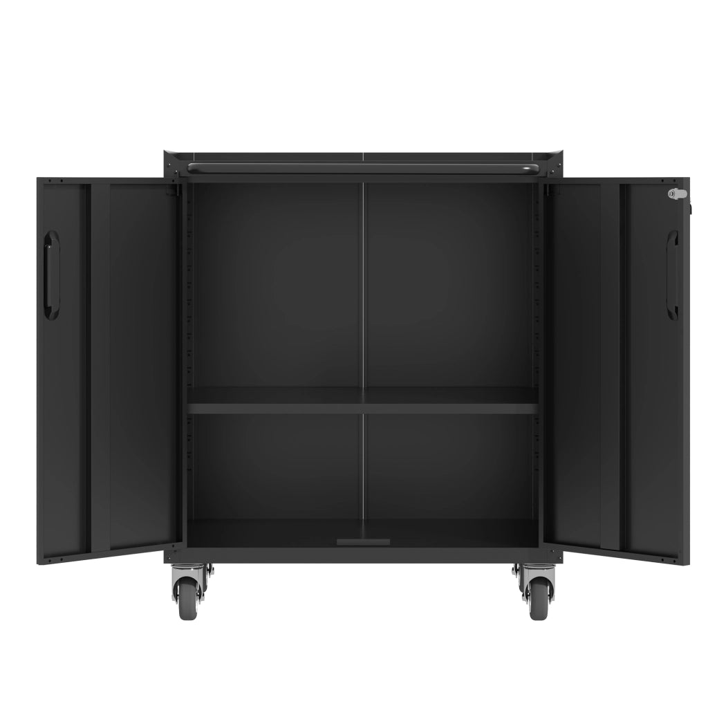 Armadio contenitore in metallo con ruote, 75 × 42 × 88 cm, nero, con ripiani regolabili e chiusura