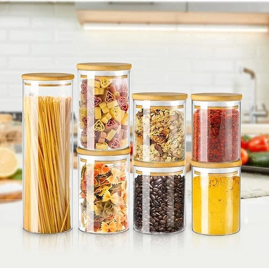 Set di contenitori per erbe, in vetro, 7 pezzi (totale 6,5 l), grandi contenitori in vetro, contenitori per erbe per cucina, alimentari, contenitori di riserva in vetro borosilicato con coperchio in bambù, per farina, avena