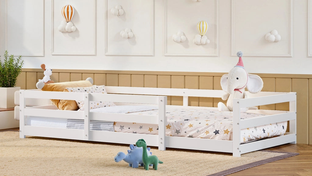 Letto per bambini Montessori 90 × 200 cm con barriera di sicurezza, rete inclusa, senza materasso, in pino, bianco