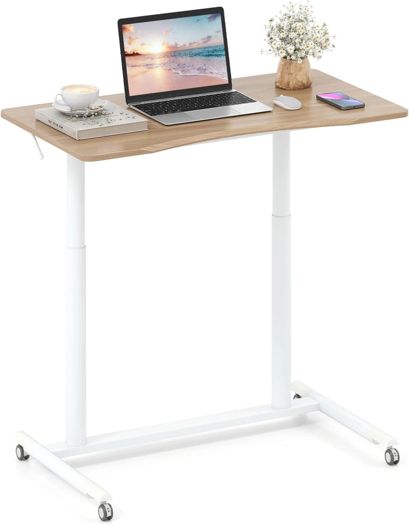 Scrivania Regolabile in Altezza a Forma di C, Scrivania con Ruote Bloccabili e Struttura in Metallo, Tvolo Portatile per Laptop e per Spazi Ridotti (Bianco)