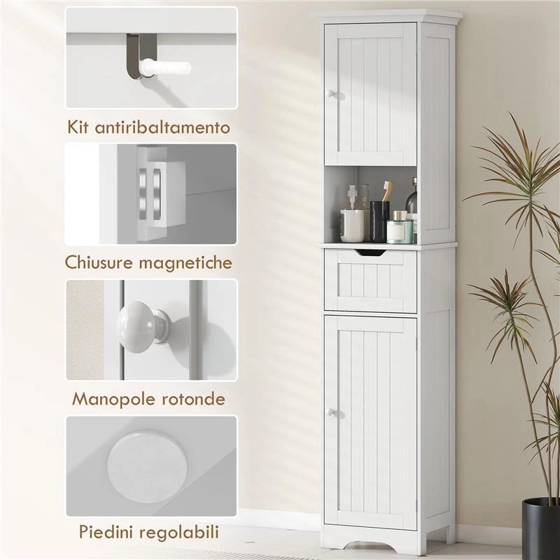 MOBILE COLONNA BAGNO IN LEGNO CON 2 ARMADIETTI CON SENSORE, RIPIANO APERTO E CASSETTO, 40X30X170 CM, BIANCO