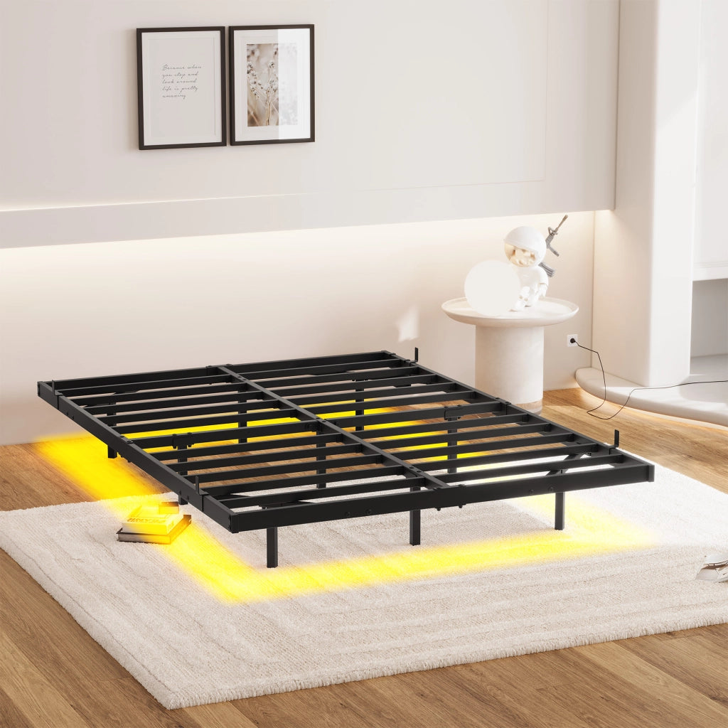 Letto matrimoniale 140 × 200 cm con LED, stazione di ricarica e struttura in metallo, senza materasso, nero