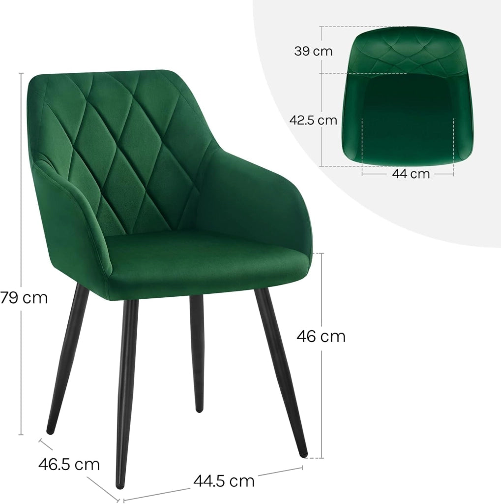 1x Sedia per Sala da Pranzo Imbottita, Poltroncina in Velluto,Sedia da Cucina con Braccioli e Schienale, Gambe in Metallo, Verde Scuro, BH352dgn-1