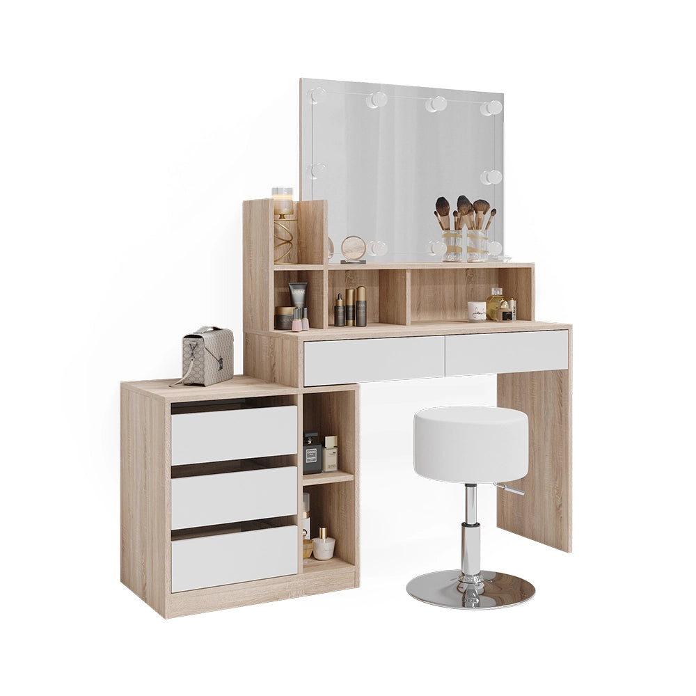 Vicco Tavolo da toilette Bianco/Sonoma 139.8 cm con illuminazione a LED e sgabello