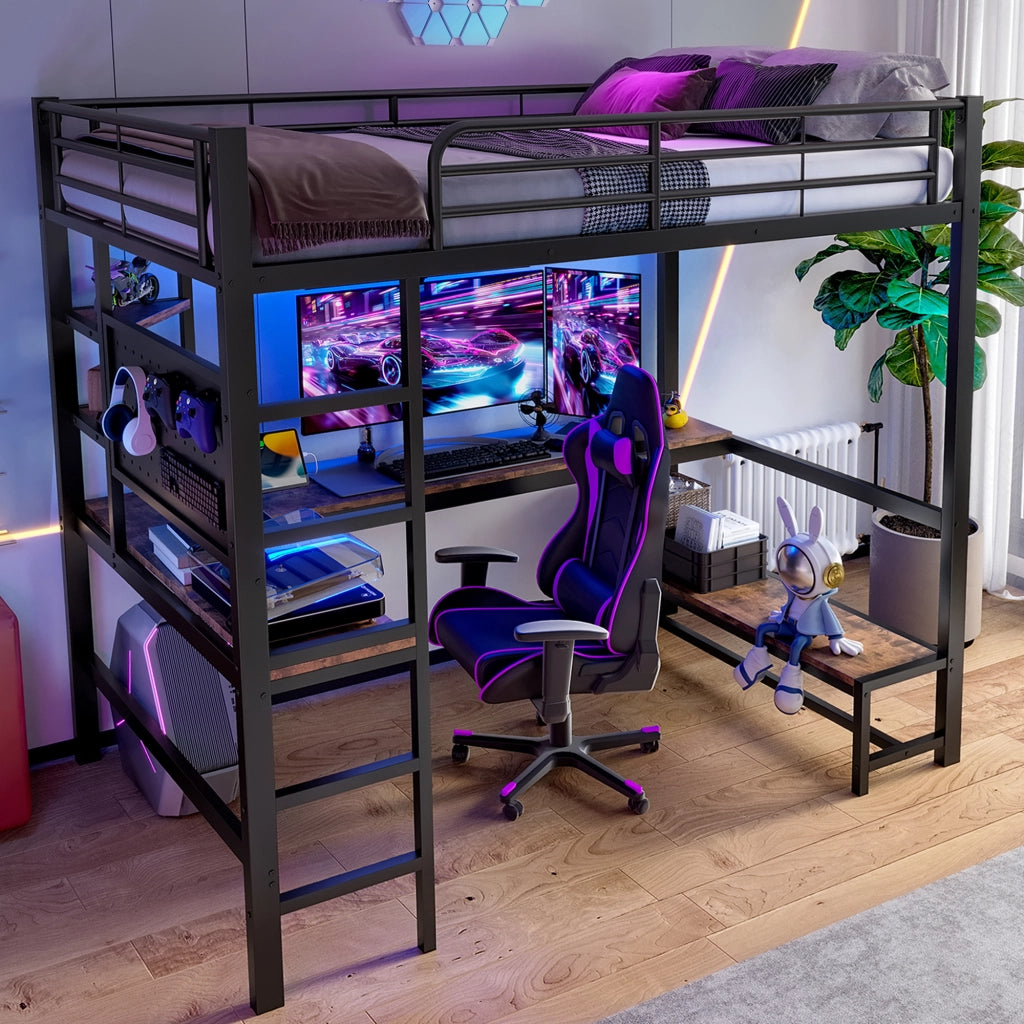 OKWISH Letto a soppalco 90×200 cm, Letto Singolo con Scrivania, Mensole, Pannello Forato, LED Regolabile e USB Type-C, senza Materasso, Nero