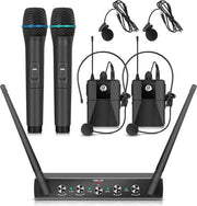 Sistema di Microfono UHF a 4 canali a trasmissione radio con casse da collo wireless, microfoni a mano e ricevitore metallico, ideale per karaoke e cerimonie di chiesa con 2 microfoni a mano e 2 bodypack.