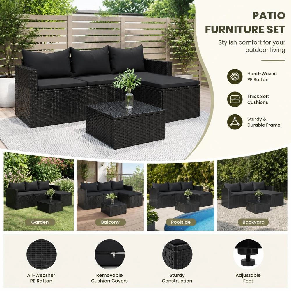 Garden Lounge Set Black Poly Rattan