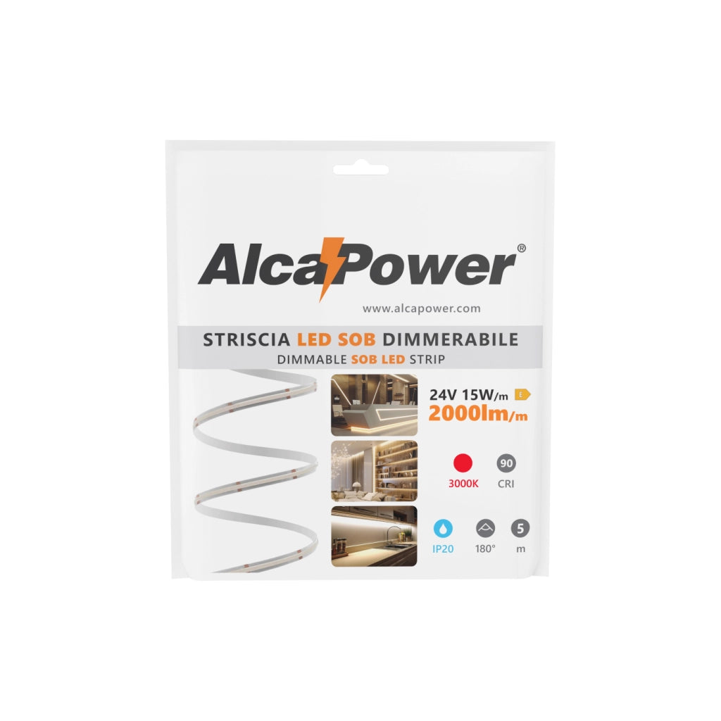 Alcapower Striscia LED 5m 24V serie SOB, 3000K, 15W/m, 2000lm/m, 528 LED/m, CRI90, IP20, tecnologia ad alta efficienza per illuminazione lineare