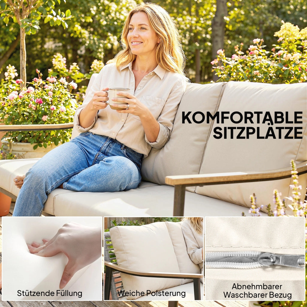Divano da giardino 3 posti in polyrattan con cuscini rimovibili e braccioli in legno ¨C zephmum ¨C grigio chiaro