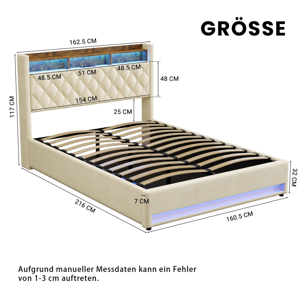 Letto matrimoniale imbottito 160x200 cm in velluto con LED RGB, contenitore idraulico e testiera con USB