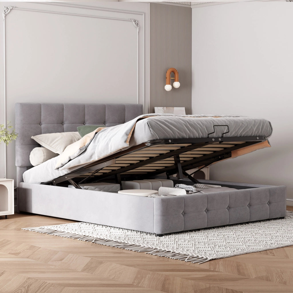 Letti contenitori 140x200 cm con contenitore idraulico; velluto grigio (Senza materasso)